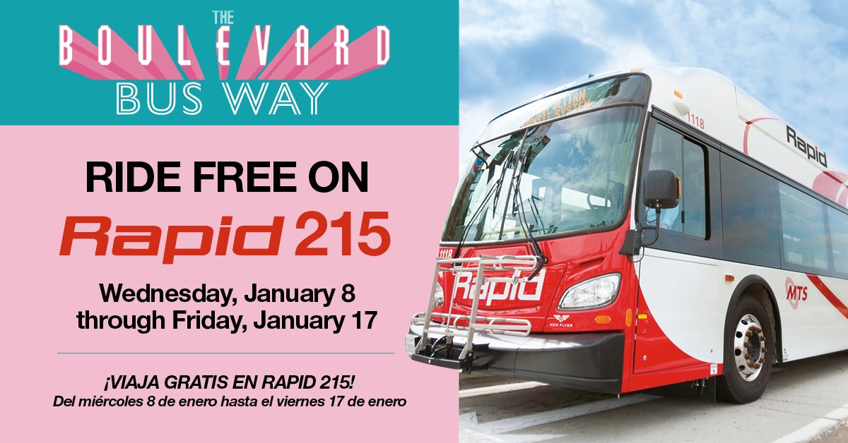 2ttweet's tweet photo. #TheBoulevard Busway pilot success. Free rides are back for for a week+ on the #MTS 215 RAPID. Take advantage, take the bus for fun or try a carless commute for #ClimateAction Increased frequency, downtown to #30ECB in 15. Low parking loss (16 sp. 2.5 miles), no parking hassle! https://t.co/SZDk0oMWpp