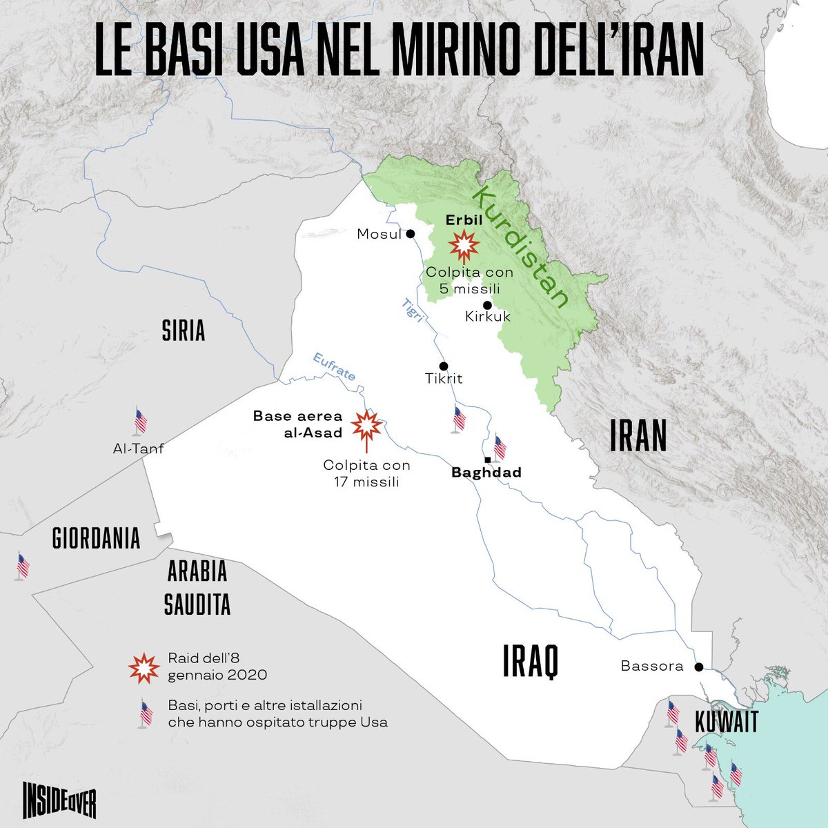 L’infografica che spiega il quali sono stati gli obiettivi dell’#Iran in #Iraq: colpite due basi #USA