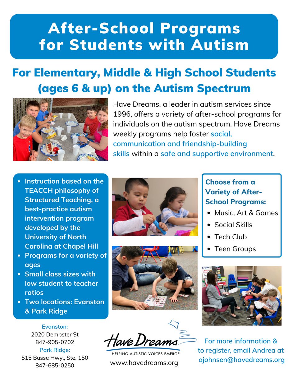 havedreams's tweet photo. We have space in our after-school programs for kids on the #autismspectrum. Now taking intakes for winter session at #Parkridge &amp; #Evanston! See attached for more info.

#autismservices #autismprograms #autismacceptance #autismkids #autismteens #autismsocialskills #ASD  #TEACCH https://t.co/ZLVs2s82TX