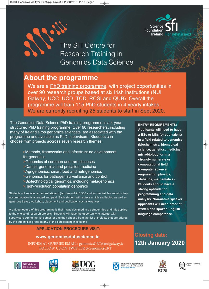 Genomics Data Science - SFI CRT (@genomicscrt) on Twitter photo REMINDER!! 25 PhD positions available in #Genomics #DataScience across our partner institutions @nuigalway <a href="/ucddublin/">University College Dublin</a> <a href="/tcddublin/">Trinity College Dublin</a> <a href="/RCSI_Irl/">RCSI</a> <a href="/UCC/">UCC Ireland</a> . Closing date 12th Jan. See genomicsdatascience.ie to apply. Please RT REMINDER!! 25 PhD positions available in #Genomics #DataScience across our partner institutions @nuigalway <a href="/ucddublin/">University College Dublin</a> <a href="/tcddublin/">Trinity College Dublin</a> <a href="/RCSI_Irl/">RCSI</a> <a href="/UCC/">UCC Ireland</a> . Closing date 12th Jan. See genomicsdatascience.ie to apply. Please RT