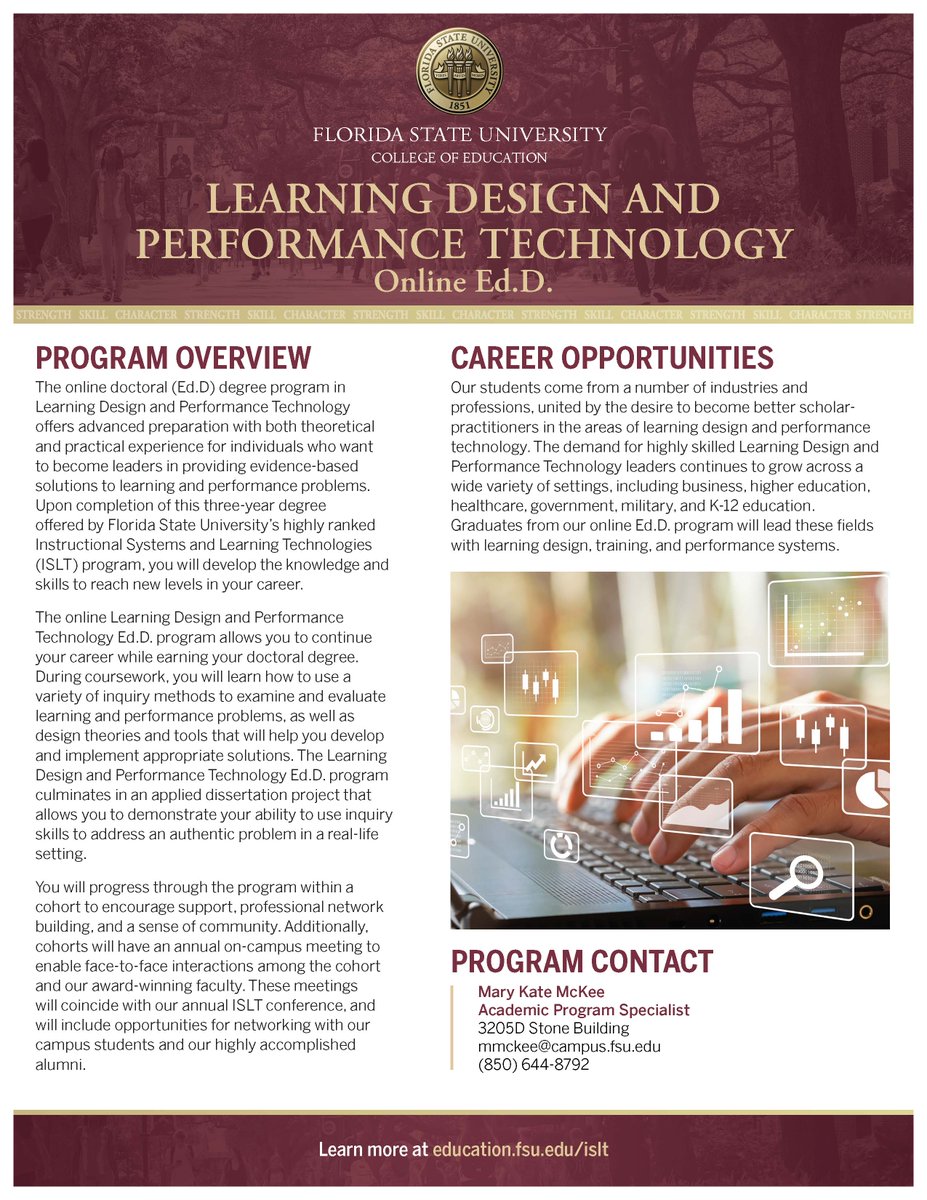 ISLT_FSU's tweet photo. Looking for a change? Check out our new online EdD in Learning Design and Performance Technologies (LDPT). Feb 1 apply deadline. #LifeLongLearner #NewYearsResolution #Education #Learning #Teachers #Teaching #EdChat #HumanPerformanceImprovement #Training #OnlineDegree #EdD #FSU https://t.co/QD5na6oPZS