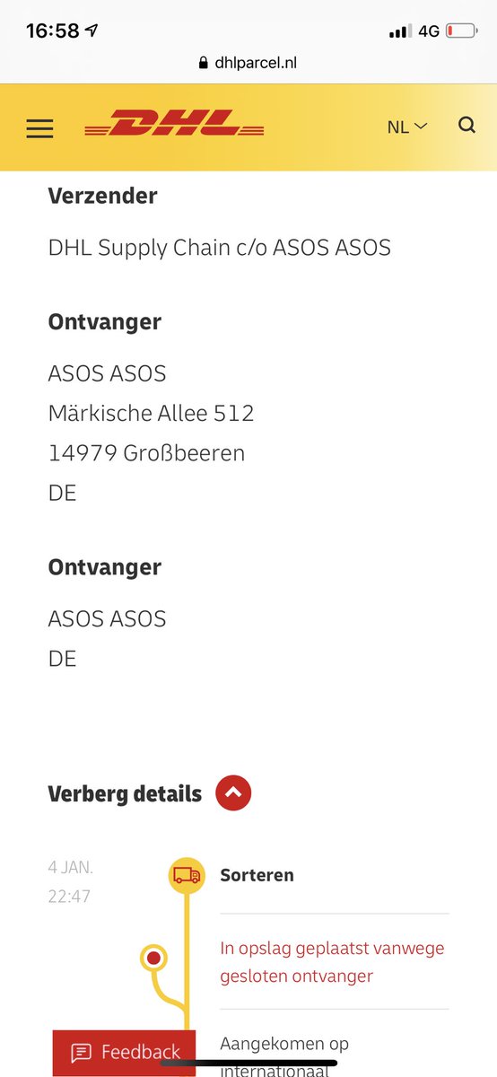 stylessighs's tweet photo. @ASOS_HeretoHelp Hi! On 27 December I sent my parcel to return it. However, @DHLNL says it had been put in storage on 4 January because the location was closed?? But now it still has not been on the way to the location again? and I sent it on time to get a refund https://t.co/HIfw2LWXDG