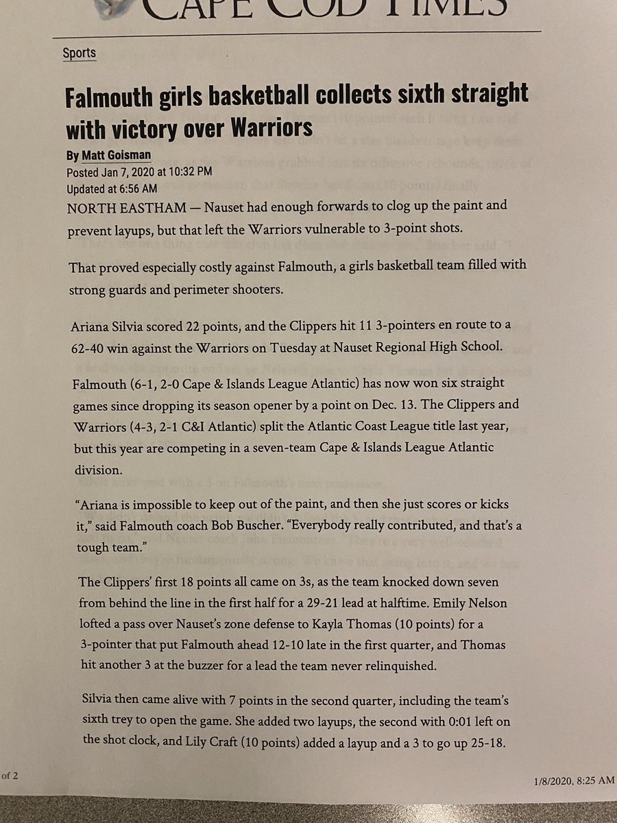Class of 21’ PG of Falmouth HS <a href="/arianasilvia24/">Ariana silvia</a> had 22pts 4asts 4rebs 2blks 1stl against a very good Nauset team! Proud of you Ari! Keep it up! Keep making them know who you are! #️⃣JagsFam 🟡🟡⚫️⚫️⚪️⚪️<a href="/BayStateJags/">Bay State Jaguars</a> <a href="/LaurieBollin/">LAURIE BOLLIN</a>