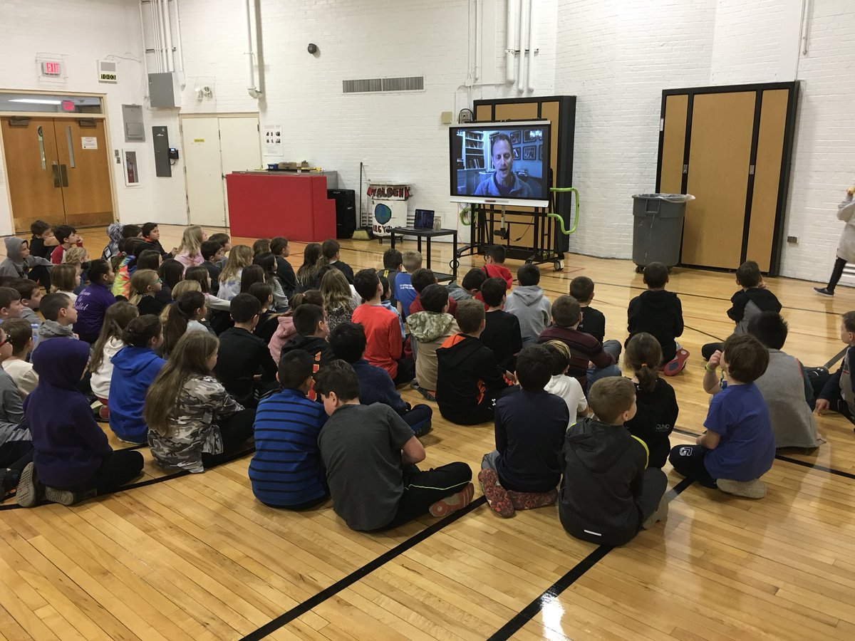 Fourth graders learning about publishing writing from author Stuart Gibbs! #wal109 @ElissaBorovich