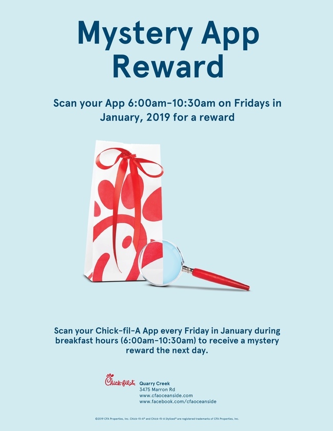 cfa_oceanside's tweet photo. Who wants FREE treats?! Come in on a Friday during breakfast hours and scan your app. We will send you a Mystery Reward! Offer only valid in month of January from 6:00am-10:30am. Only at Chick-fil-A Quarry Creek! #cfaoside https://t.co/DNDSHEp82h
