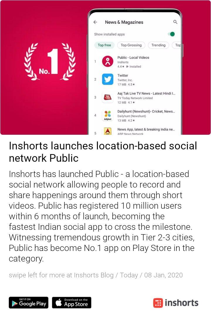 With over 10 million users within 6 months, our new app Public has become the number 1 app on Play store in the category. Thanks to the team that worked day and night to make this dream a reality. @inshorts