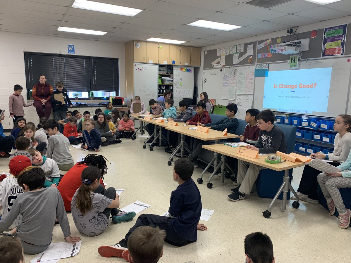<a href="/D45Westmore/">Westmore School</a> 4th graders explored the question “Is Change Good?” in their independent reading and used arguments they developed to inform a position at a mock Board Meeting about a big change at “Bestmore School.” Amazing, authentic, inquiry-driven learning at work! <a href="/D45Schools/">School District 45</a>