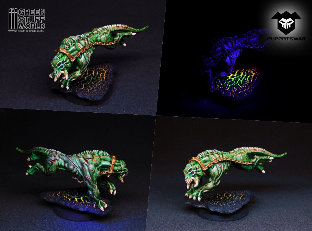 greenstuffworld's tweet photo. Quick painting of a green beast from @puppetswar We have applied a wash of green, brown and violet colors together with some fluors. @greenstuffworld #wargames #acrylicpaints #miniatures #tabletop #hobby #painting #tutorials #metalpaints #dioramas #basing #washinks #puppetswar https://t.co/HUMr26fpyD