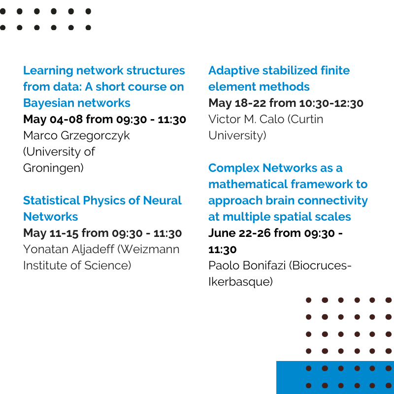BCAMBilbao's tweet photo. Would you like to learn more about different areas of #mathematics? Sign-up for our 2020 courses! All the details are already available in our website: https://t.co/izyLezGguJ 📝 Some student grants are available for these courses. #Research #Courses #BCAMath https://t.co/d4715sYeTO
