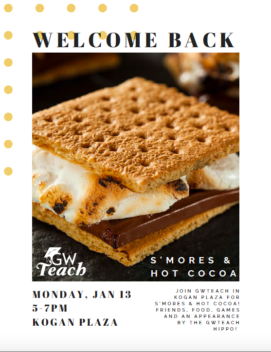 GW_Teach's tweet photo. We're looking forward to having our students back on campus soon!! Join us on Monday 1/13 at 5pm in Kogan Plaza to catch up with your friends, roast some s'mores, and play some yard games! https://t.co/HeHW27cuSM https://t.co/jrOrz4NMEG