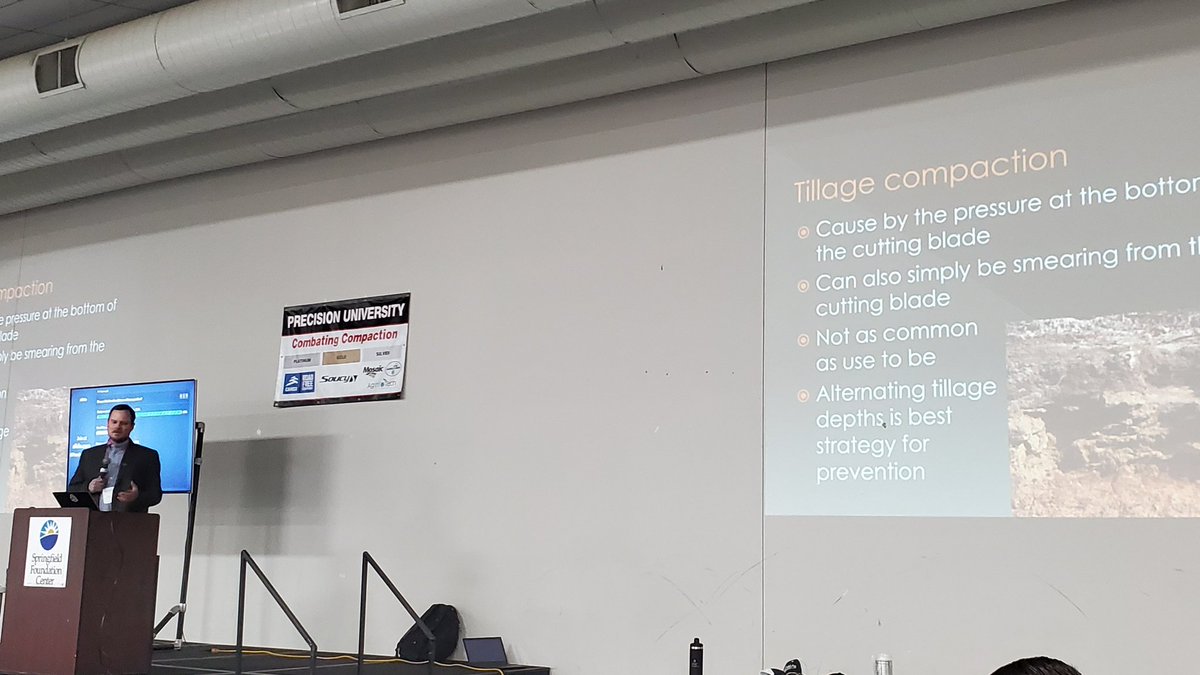 OhioStatePA's tweet photo. @oksoilwater talking how tillage and machinery setup impacts soil compaction at #PrecisionU20. #CompactIntel https://t.co/6MMmn7zTvl