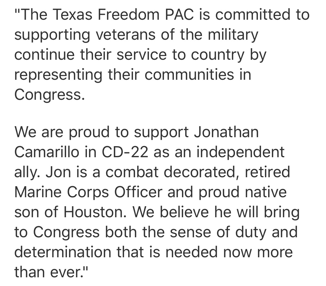 PatrickSvitek's tweet photo. An interesting nugget in the #TX22 Republican primary — A super PAC that reported $200,000 cash on hand a few days ago (https://t.co/OApPdfkc41) tells me it's supporting @Camarillo4House: https://t.co/PrvucRvqOx