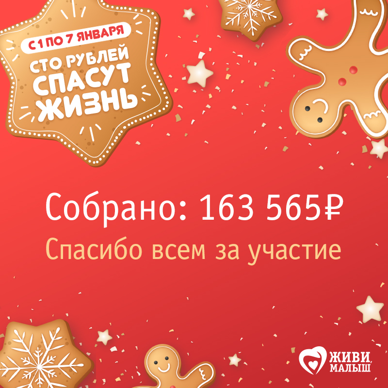 🥳 Несмотря на праздничную неделю, акция "Сто рублей спасут жизнь" прошла отлично.

😊 Спасибо, что поддерживаете нас даже в праздники!
👉🏻 Чтобы не пропустить следующую акцию, подключите автоплатеж на любую сумму - fondzhivimalysh.ru/rekvizityi/avt…
