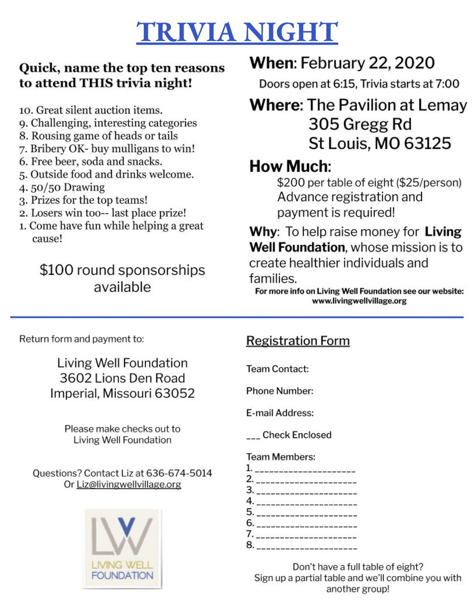 CampJumpStart's tweet photo. Have you registered for our Trivia Night yet? Join us on February 22, 2020 for a night of FUNdraising! Advanced registration is required.

Please contact Liz Flowers to reserve your table
liz@livingwellvillage.org or 636-674-5014 https://t.co/fX2XR1f16L