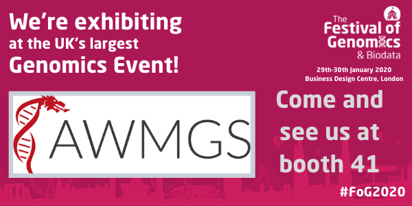 MedGenWales's tweet photo. We are excited to announce AWMGS will have an exhibition stand at the 2020 @FoGenomics later this month in London. Looking forward to sharing what Wales has to offer the world of Genomics. #awmgs #fog2020 #fog #genomicsfest https://t.co/MZD7aXKG84