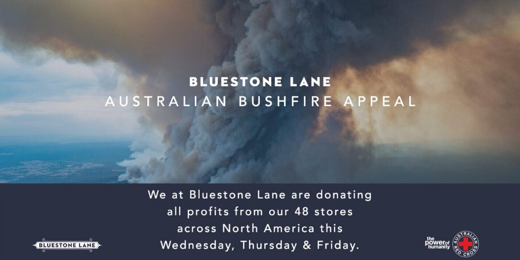 RSE Ventures (@rseventures) on Twitter photo Through Friday, our mates at <a href="/BluestoneLane/">Bluestone Lane</a> are donating 100% of their profits to Australian bushfire relief with the Red Cross. Every flat white, avo smash and more will go toward the effort. #AustralianBushfire #BluestoneLane Through Friday, our mates at <a href="/BluestoneLane/">Bluestone Lane</a> are donating 100% of their profits to Australian bushfire relief with the Red Cross. Every flat white, avo smash and more will go toward the effort. #AustralianBushfire #BluestoneLane