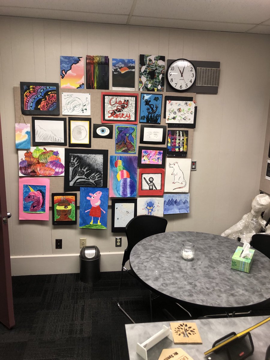 SyensP's tweet photo. The talents of our ETMS art students are in display in my office!  Thanks for making my office an art gallery!
⁦@etmstrojans⁩ #ETlearningignitED https://t.co/HZN4GlSmqw