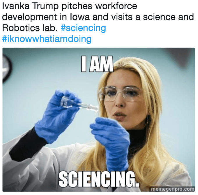 KidKool4U's tweet photo. Wonder if Dr. #IvankaTrump will be regaling people with her advanced knowledge of molecular sciences at the #CES2020? 🤣/🤮 #PrincessGrifter #NepotismBarbie https://t.co/GsTpCVqO0N