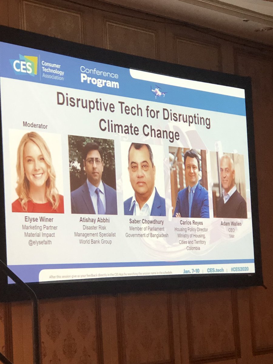 “One of the main opportunities of investing in resilient housing now is that the ministry of finance doesn’t have to pay the price in the future”  <a href="/CFreyes/">Carlos Felipe Reyes</a> speaks at #CES2020 on the <a href="/WorldBank/">WorldBank</a> Disruptive Tech #ClimateChange panel #buildbetterbefore @luis_triveno <a href="/TerrazaH/">Horacio Terraza</a>