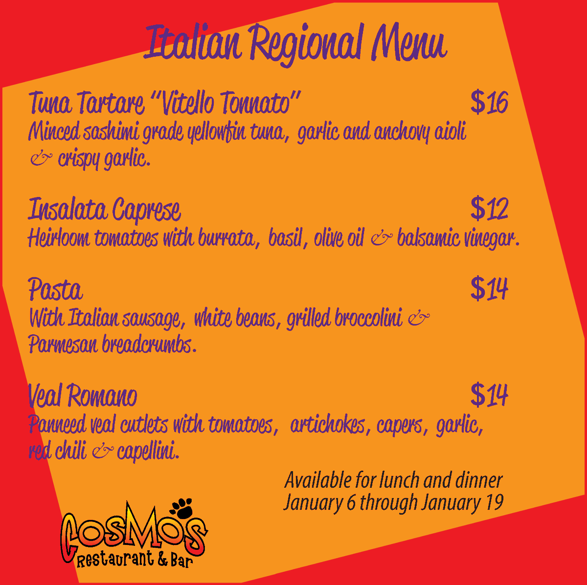 CosmosRestBar's tweet photo. In case you missed it, our #Italian #RegionalMenu started this week. Take a look! #orangebeachrestaurants #orangebeachdining #beachdining #coastaldining #coastalcuisine #cosmosrestaurantandbar #cosmosrestaurant #familydining https://t.co/mXDrBp1lot