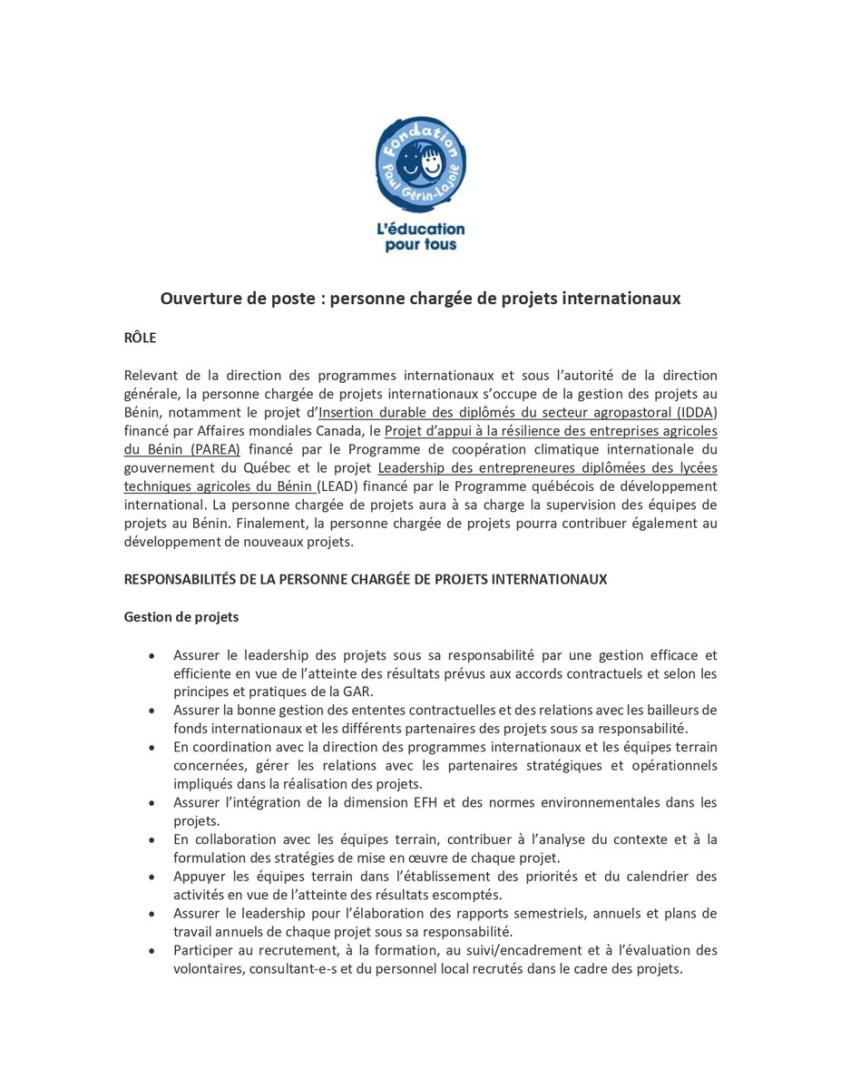 Fondation_PGL's tweet photo. Actuellement à la recherche d'une candidature pour combler le poste de chargé(e) de projets internationaux.
Date limite pour postuler: 22 janvier 2020
#emplois #International #acosi https://t.co/TteE8QICTk