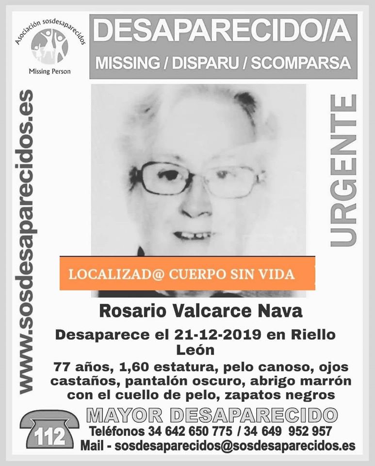 guardiacivil's tweet photo. 📣 Lamentamos comunicar que ha sido localizado el cuerpo sin vida de Rosario, la #mayor que había #desaparecido en #Riello, #León.
Gracias por vuestra #colaboración en la difusión de la #desaparición.
|#ALERTADESACTIVA! https://t.co/YivfGjtYBW