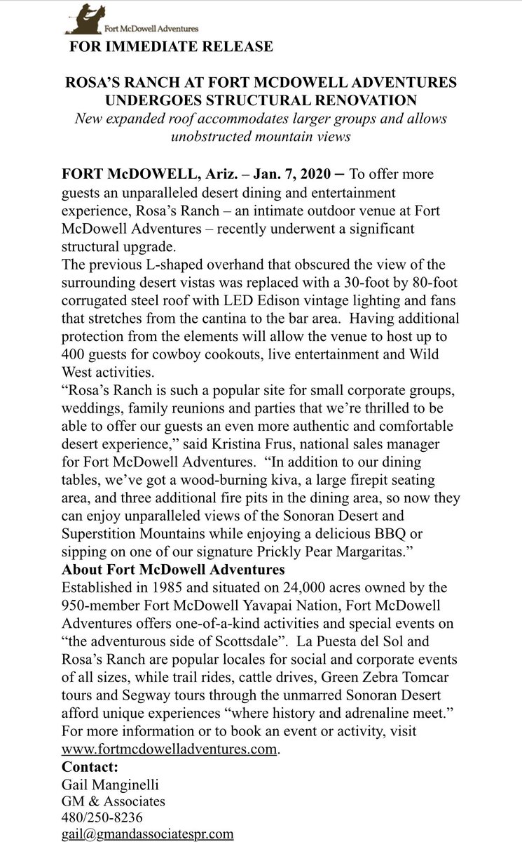 PRESS RELEASE
Rosa’s Ranch at our Fort McDowell Adventures undergoes structural renovation.