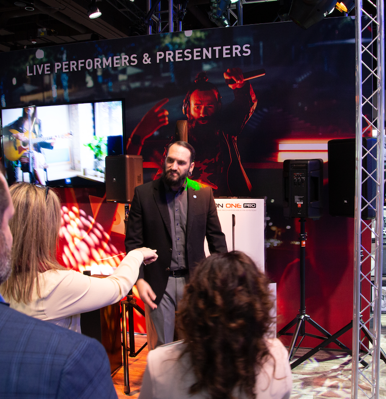 TheJBLpro's tweet photo. Guests at #CES2020 check out the new #JBLPro #EONONECompact all-in-one rechargeable personal PA. From gigging musicians to DJs, fitness instructors & more—EON ONE Compact delivers crystal-clear sound to many types of applications: https://t.co/kzzOcTktXm #HARMANCES #JBLProxCES https://t.co/B1epm4YAPP
