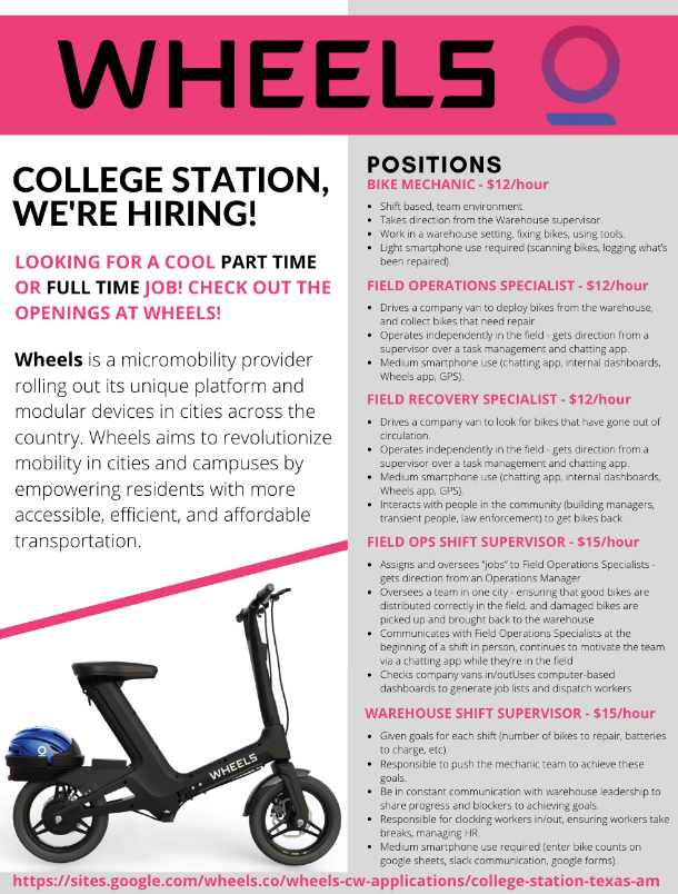 JobsforAggies's tweet photo. It's the new campus bike service! This is a great part-time job, and it really pays! Check these jobs out on https://t.co/ETdjecOAvJ with the Job IDs 34817, 34818, 34820, and 34785                    
#wanttoworkwednesday #Wheels #jobsforaggies #jobsforstudents #tamu https://t.co/dEJFTBf5Wl