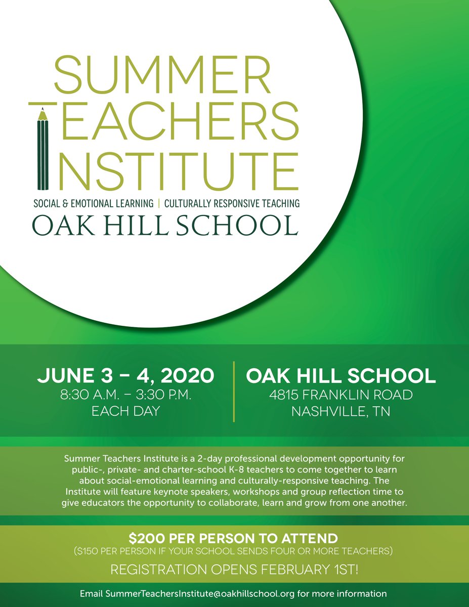 Registration for Summer Teachers Institute 2020 opens on February 1st! Be sure to sign up before spots fill up! oakhillschool.org/node/8391 
<a href="/OakHillSchoolTN/">Oak Hill School</a>