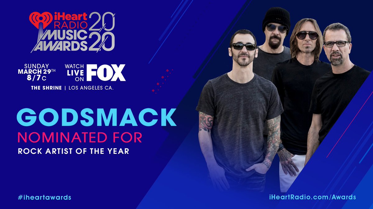 godsmack's tweet photo. Thanks to @iHeartRadio for nominating us for Rock Artist of the Year at the #iHeartRadio Music Awards 2020 airing live on Sunday March 29 at 8/7c on @FOXTV !! 🤘❤️📻

#godsmack #gs2020 #whenlegendsrise #iheartawards https://t.co/9eFjdGGEnL