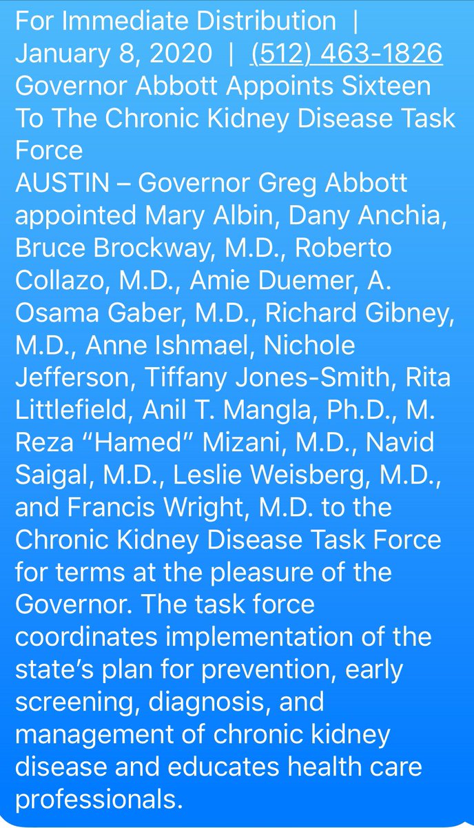 It’s an honor to be part of the Texas CKD task force.Thank you for the appointment Governor Abbott <a href="/GovAbbott/">Greg Abbott</a>