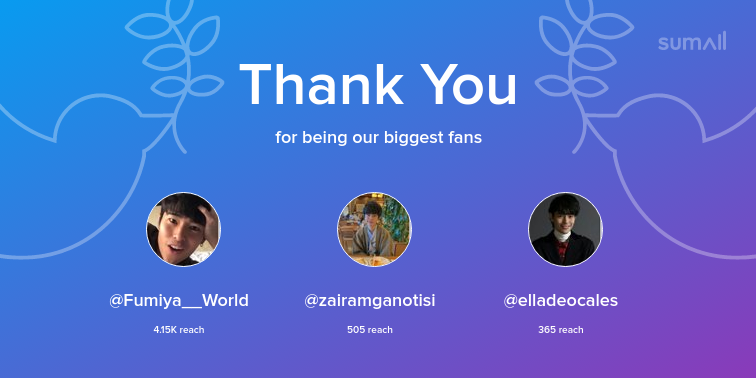 Our biggest fans this week: Fumiya__World, zairamganotisi, elladeocales. Thank you! via sumall.com/thankyou?utm_s…