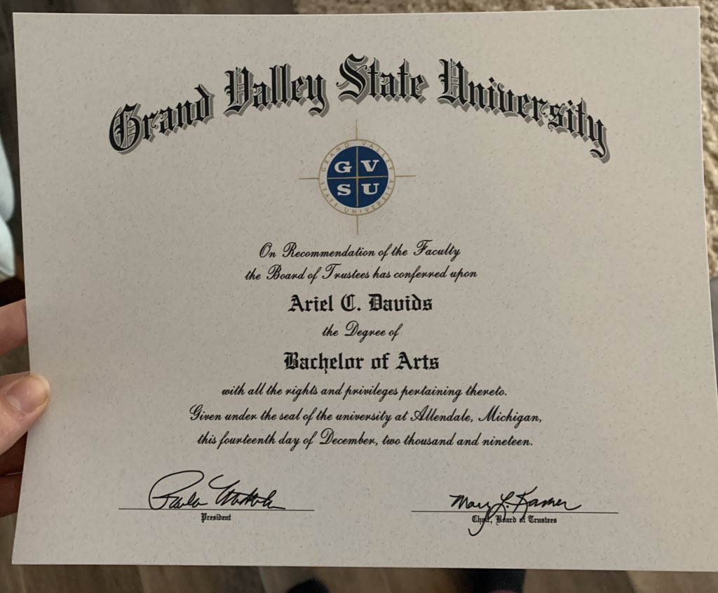 ariel_davids's tweet photo. It’s been an exciting few days! Yesterday I received my teaching certificate and accepted a job at my Alma Mater! And today I got my very expensive degree in the mail! Very excited for 2020! https://t.co/6GDetEatcE