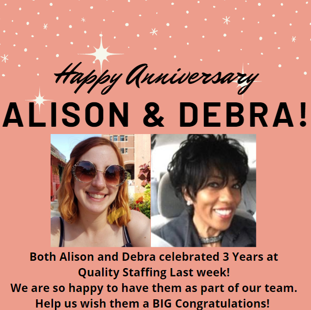 QualityStaff's tweet photo. Help Us In Congratulating Alison &amp; Debra, They Are Both Celebrating 3 Years Of Working With QSS! 🎉😁 https://t.co/K90uu0BKqg