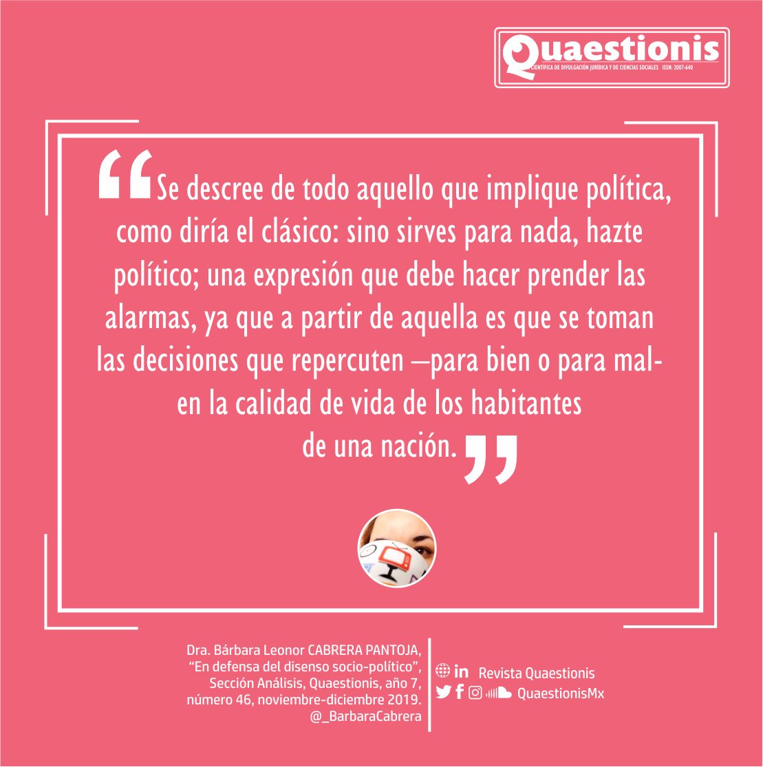 _BarbaraCabrera's tweet photo. 📌 Comparto mi artículo EN DEFENSA DEL DISENSO SOCIO-POLÍTICO ➡ https://t.co/QZ1erlKlrf [Sección Análisis] Publicado en Revista @QuaestionisMx #Q46  #ElArteDePensar #7años https://t.co/n55fdCkQ1h