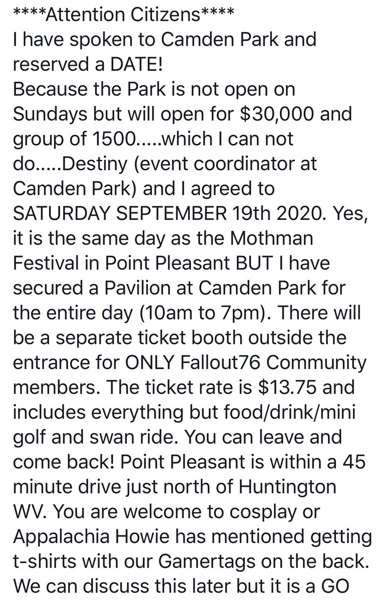 medic_wasteland's tweet photo. ***ATTENTION CITIZENS*** I have spoken to Camden Park....please read. Also join the Fallout76 Community Events group on Facebook. I will tag a few people and please share!! I am so excited!!!! #Fallout76Family #Falout76 @Fallout @jg93 @DCDeacon @LadyDevann @HoaWasteland https://t.co/rvPD7EMukE