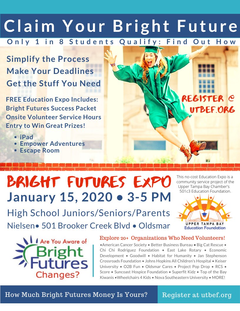 High School Students and Parents: FREE Expo for Bright Futures Volunteer Hours and All the New Forms and Info. Wednesday 1/15 at Nielsen in Oldsmar. 26 local nonprofits are participating!