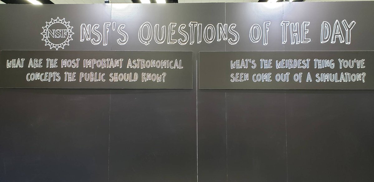 NOIRLabAstro's tweet photo. It's the last day of #aas235 and we have our last two questions for you. What are the most important astronomical concepts the public should know? What's the weirdest thing you've seen come out of a simulation? Write them on the exhibit hall wall! #NSFastronomy  #discovertogether https://t.co/NecCavedD2