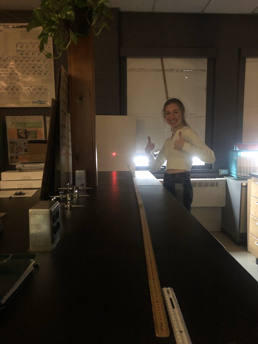 AP Physics 2 used lasers, and the concepts of diffraction and interference, to determine the width of a piece of their own hair in lab today. #PhysicalOptics #iteachphysics