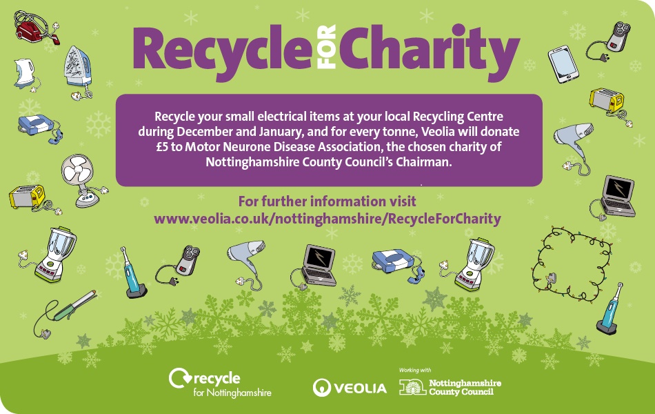 broxtowebc's tweet photo. Don’t bin it, bring it to #Notts. For every ton of end-of-life electrical and electronic equipment taken to the Recycling Centres in Nottinghamshire this Dec and Jan @VeoliaUK will donate £5 to the @NottsCC  Chairman’s Charity @mndassoc #RecycleForNotts https://t.co/xTqpMFXnHD