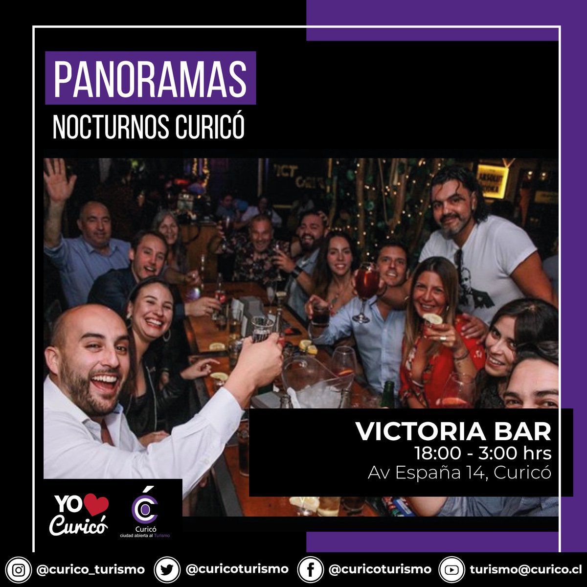 CuricoTurismo's tweet photo. PANORAMAS NOCTURNOS CURICANOS
Estas vacaciones aprovecha de disfrutar de cada uno de los panoramas que ofrecen estos lugares, desde peliculas hasta restaurantes nocturnos.
#DublinerRestoBar #AlmibarPubBar #VictoriaBar #LanzasyFuego
#DestinoCuricó #EligeCuricó https://t.co/2LUHbt0kbH