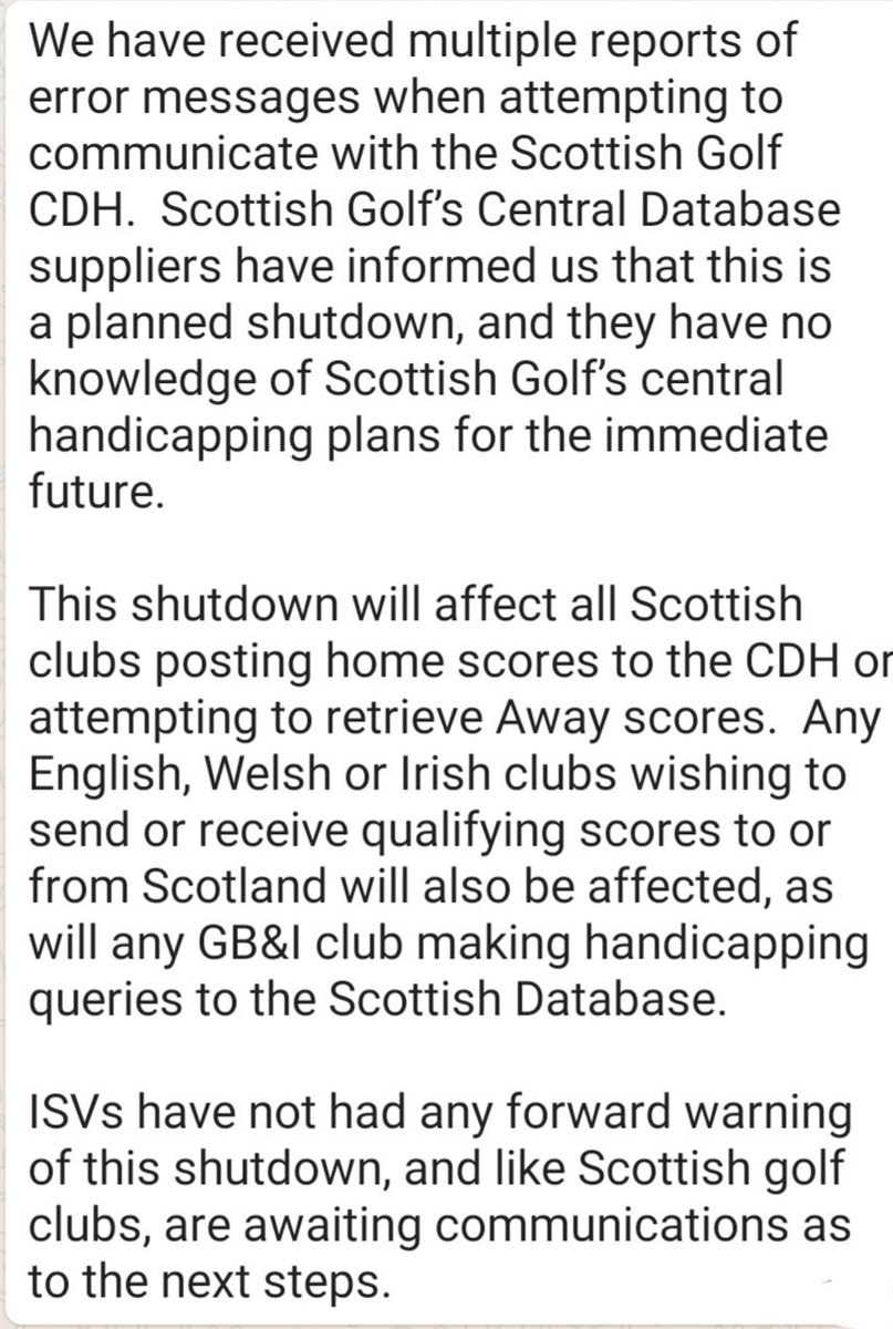 intelligentgolf's tweet photo. For our Scottish customers who are now seeing issues with the CDH being taken offline this afternoon with no advance warning. Affects all software suppliers, so no away scores will be sent or received. https://t.co/tb4HnaTF19