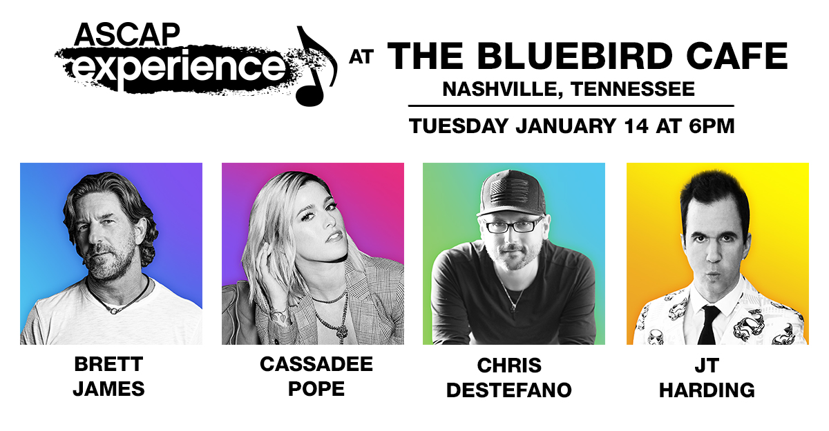 Brett James <a href="/CassadeePope/">Cassadee Pope</a> <a href="/destefanomusic/">ChrisDeStefano</a> &amp; <a href="/JTXROCKSTAR/">JTX</a> headline <a href="/BluebirdCafeTN/">The Bluebird Cafe</a> on Tuesday, January 14 for 2nd Annual #ASCAPExperience in the Round bit.ly/37LUXuo