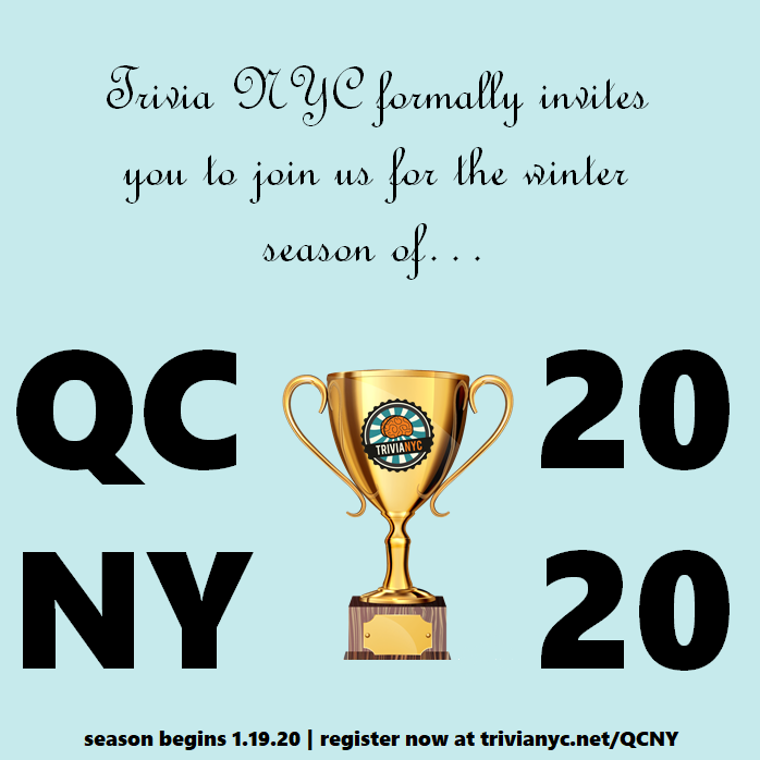TriviaNYC's tweet photo. It's a brand new decade, and we're gearing up to give out more prizes and name the next Best Trivia Team in New York City. #QCNY Winter 2020 starts January 19. Register your team for free here: https://t.co/mNJFL7pojH
#trivia #trivianyc #nycevents #pubquiz #trivialeague #quizcup https://t.co/badLFS18oQ