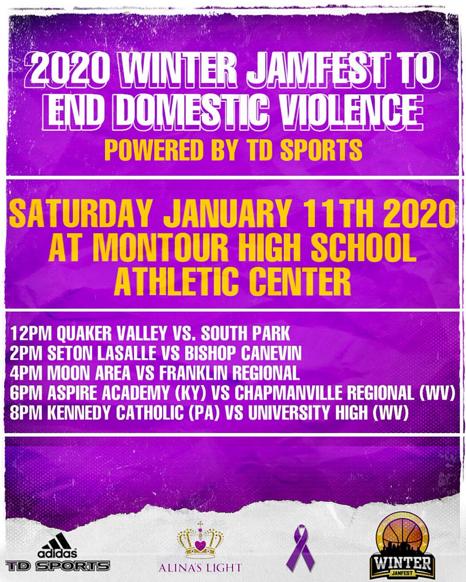 TD_TOURNAMENTS2's tweet photo. Don’t miss out on a great day of hoops this Saturday at Montour High School Athletic Center #EndDomesticViolence #AlinasLight #WinterJamFest2020 https://t.co/ORrt0LKsHu