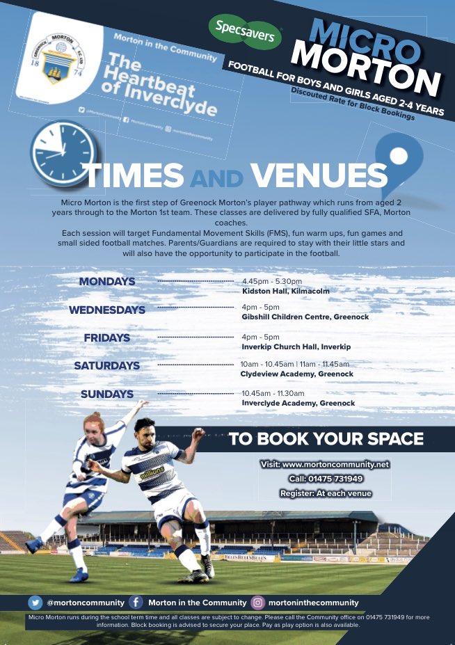 CLASSES | All our Micro and Mini Morton classes will return week beginning Monday 13th January 2020. 

Secure your place today by booking online at; mortoncommunity.net ⚽️ 

You can also register at each venue🏟 

#Enjoyment #Learning