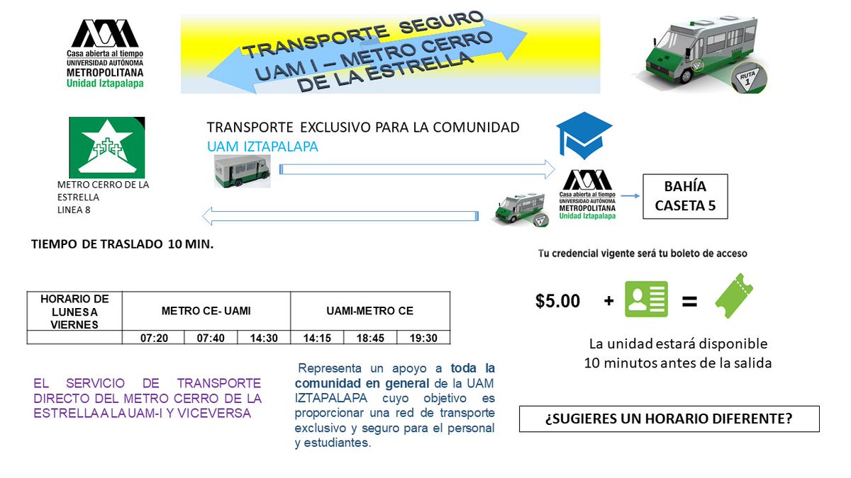 😱 #DebesSaberlo 
Hacer 10 minutos del Metro #CerroDeLaEstrella ⭐️ a la UAMI 👨‍🎓 es posible. Solo debes tomar la nueva ruta de #TransporteExclusivo 🚍¿Necesitas otros horarios?  
PD. Esta  ruta se implementó a petición de los usuarios  pero si no hay afluencia deberá cancelarse 😕