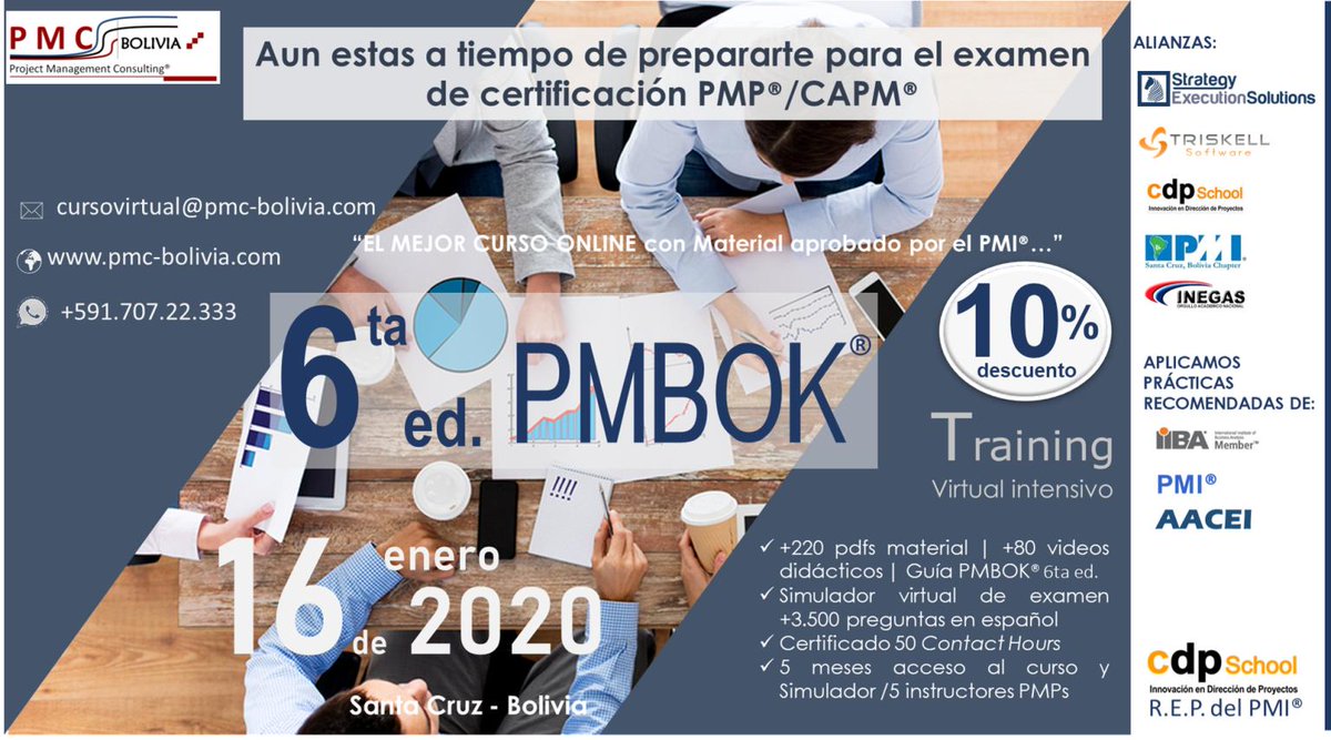 Estimados seguidores, recomendamos este curso virtual organizado por nuestra institución aliada PMC-Bolivia.
10% de descuento para miembros del Capitulo PMISC.
Inicio: 16 de enero
Correo: cursovirtual@pmc-bolivia.com
WhatsApp: +591.707.22.333
#PMISantaCruzBoliviaChapter
