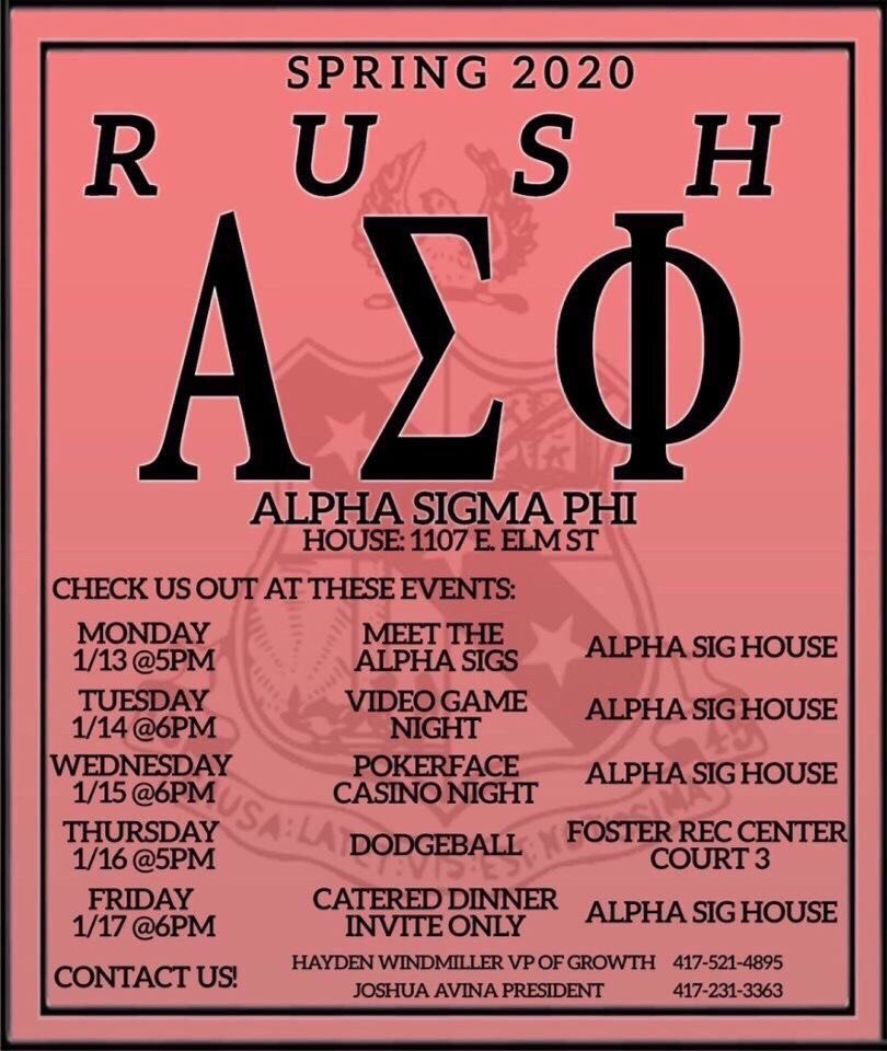MoSt_AlphaSig's tweet photo. Alpha Sigma Phi is looking forward to our Spring 2020 Rush! If you have any questions, please reach out to our VP of Growth Hayden Windmiller or out President Joshua Avina https://t.co/MjMoZ4xmOH